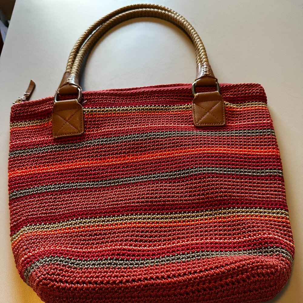 Woven Red Stripe Shoulder Bag with Tan Handles